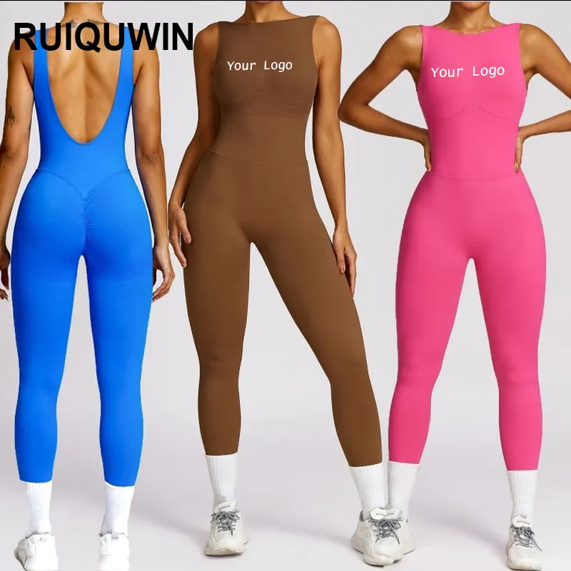 RUIQUWIN moda dikişsiz spor tulum U şekli kadın tulum Yoga setleri özel kıyafet kadınlar tek parça Yoga tulum