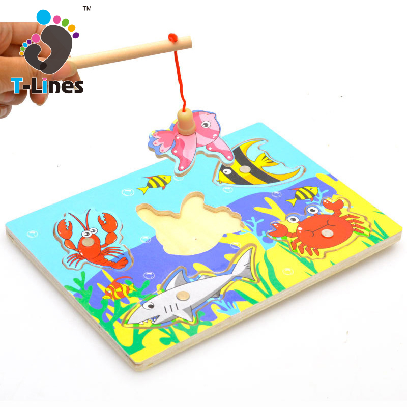 Popular Educational Children Magnetic Fishing Game Puzzle Toy Funny Wooden Fish Board Play Toys For Kids