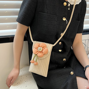 Woven Mobile Phone Bag Vertical <b>Square</b> Khaki Off White Flower Design Portable Everyday Outfits Summer 2022 - Product Image 3