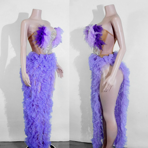 Vestido de mujer morado de calidad premium para Drag Queen, sexy, de malla transparente con purpurina, corsé de encaje, con abertura alta, para baile, ropa de escenario, fiesta en discoteca - Product Image 4