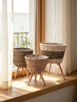 Panier à plantes autoportant en jute tressé, forme conique avec support trépied en bois, pot de fleurs d'intérieur