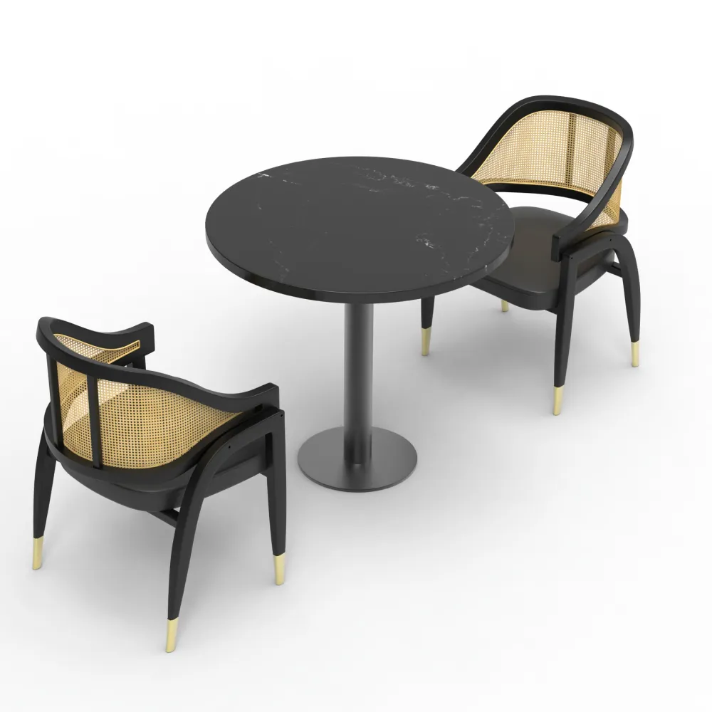 Özel ücretsiz render Rattan arka deri yemek sandalyeleri ahşap bacaklar restoran salon sandalye Bar sandalyeler ve masa için kahve dükkanı