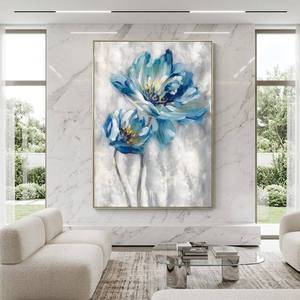 <span class=keywords><strong>Peinture</strong></span> à l'huile abstraite moderne peinte à la main, <span class=keywords><strong>fleurs</strong></span> bleues avec feuille d'or, texture épaisse, art mural sur toile pour salon, hôtel, décoration - Product Image 1