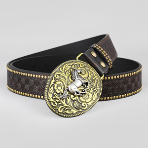 Yiwu Fábrica Fabricantes Western Hebilla Cinturón Oro Vaquero Mexicano Vaca Chica Caballo PU Cinturón de cuero - Product Image 4