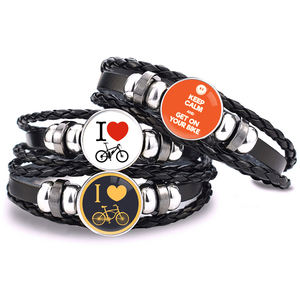 Fabricant de bracelets de cyclisme en cuir véritable Cabochon dôme en verre breloque vélo unisexe bracelet en cuir véritable - Product Image 3