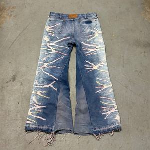 Jeans en denim blanc rétro 2025, pantalon cargo à taille haute, effet délavé, avec empiècements, logo personnalisé brodé, style hip-hop, rivets - Product Image 2