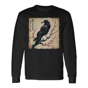 Camiseta de manga larga vintage con diseño de pájaro japonés Black Raven - Product Image 1