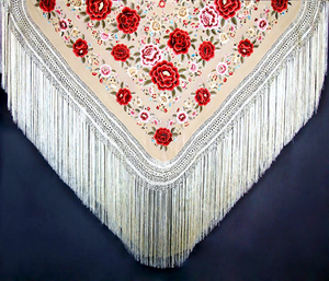 Mantón de Manila Beige Multicolor Bordado a Mano de Pura Seda para Flamenco Español 100% Pura Seda - Product Image 1