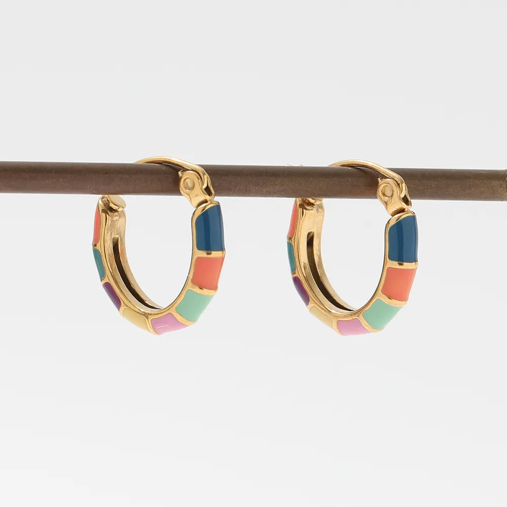 Fenny Jewelry 18K Gold-plated Wholesale Dainty Versatile Summer Holiday Rainbow Enamel Hoop Stainless Steel Earrings for Women