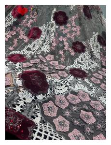 Blinglace pink 3d Floral dengan perak abu-abu <span class=keywords><strong>Lurex</strong></span> Tulle renda dengan Rhinestones beludru Laser Cut untuk indah Fashion gaun - Product Image 5