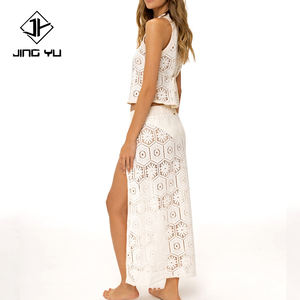 Robe boutonnée beige ajourée brodée Summer Garden, ensemble deux pièces en fibre de polyester, personnalisable OEM - Product Image 3