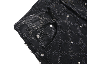 OEM ODM Men <strong>Black</strong> Grid Jacquard <strong>Skinny</strong> Jeans Luxury Hot-Fix Rhinestone Slim <strong>Fit</strong> Denim Pants Low MOQ Wholesale <strong>Trousers</strong> - Product Image 4