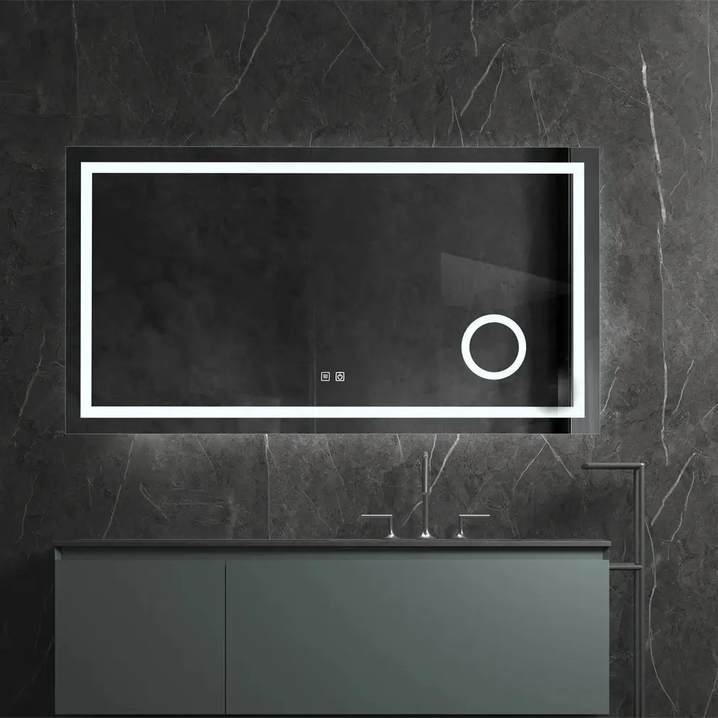 Gran oferta 2024, espejo de baño rectangular moderno con estante antivaho, LED plateado con Sensor de onda, características iluminadas de aumento