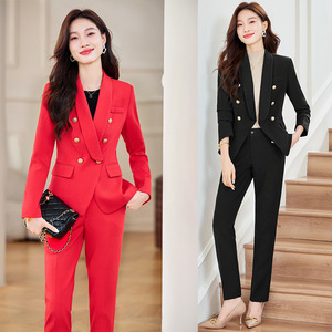 Women's Red Suit <b>Set</b> Autumn <b>Office</b> Lady Formal Wear Anti-Wrinkle Polyester Full Sleeve - Product Image 1