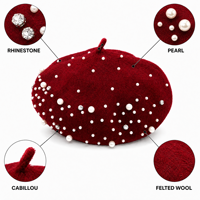 Béret en Laine pour Femme avec Faux Perles et Strass, Béret Français Orné Rouge Vin, Chapeau Béret Scintillant pour Fête, Vente en Gros OEM