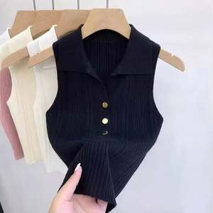 I-0704 Nouveauté été en gros : Cardigan tricoté pour femme, débardeur court à fines bretelles, sans manches, avec col - Product Image 4