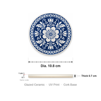 Sous-verre en céramique 10,8 cm motif floral bleu marine et blanc, impression UV émaillée, base en liège, pour table basse, décoration intérieure, cadeau