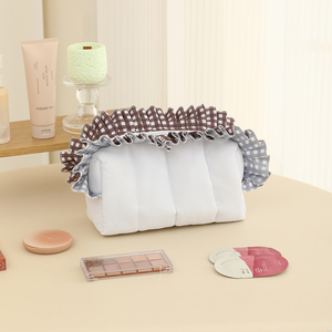 Borsa per il Trucco in Poliestere Trapuntato Personalizzata all'Ingrosso con Bordo a Pieghe Gingham, Astuccio Cosmetico di Grande Capacità per <span class=keywords><strong>Viaggi</strong></span> - Product Image 6