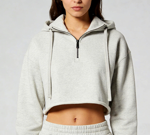 <span class=keywords><strong>Felpa</strong></span> con cappuccio oversize da donna personalizzata all'ingrosso in pile di cotone vintage con <span class=keywords><strong>bordo</strong></span> grezzo e mezza zip, modello corto, neutra - Product Image 1