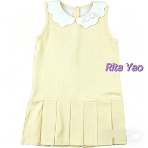 Vestito Estivo da Bambina in Maglia Rosa a Quadretti con Colletto Smerlato, Senza Maniche, con Pieghe e Ricami, Abito Casual - Product Image 3