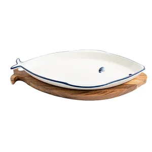 Japanese style hand painted fish shape oval dish serving ceramic plate with wooden base