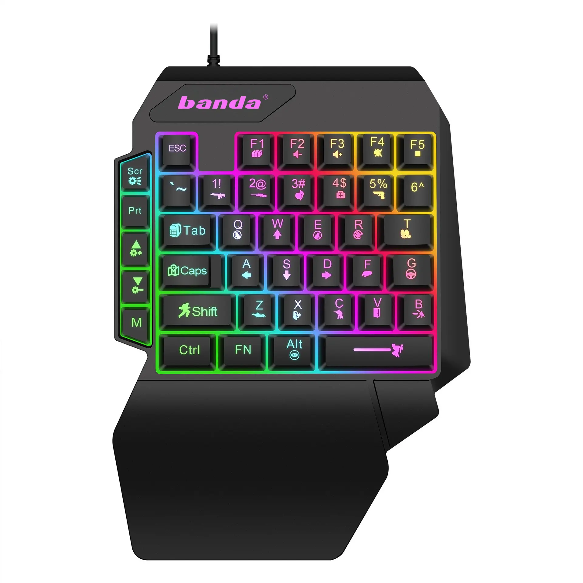 Lampu LED Warna-warni 40 Tombol Keyboard Mini Gaming Satu Tangan Ergonomis dengan Sandaran Tangan Terintegrasi