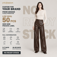 Pantalon large taille haute marron pour femme, aspect cuir, longueur intégrale, boutons sur le devant, poches, personnalisable OEM, vente en gros