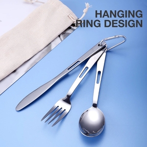 Juego de cubiertos de acero inoxidable para acampada y exteriores, cuchillo portátil, tenedor, cuchara, Occidental, con anillo - Product Image 2