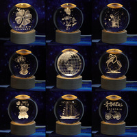 Sphère de Cristal Système Solaire Gravée au Laser 3D, Boule de Cristal Galaxie avec Socle Lumineux LED en Bois pour Décoration Intérieure et Cadeaux