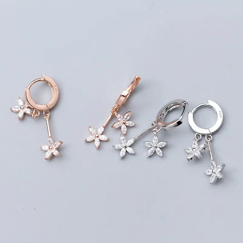 ES1078 Wholesale Silver 925 Earring Cz Zircon Stone Rose Gold Flower Five Petals Bud Jewelry Bling Earring