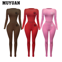 Ensemble assorti femme couleur unie, coupe ajustée très extensible, manches longues, pantalon taille haute, en coton et élasthanne, vêtements de détente, logo personnalisé OEM ODM
