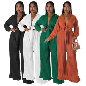 Casual 2‑Piece Women Matching <b>Set</b>, Lapel <b>Tie</b> Knot Blouse High Waist Pleated Wide Leg Pants, Vacation Party Outfit - Product Image 1