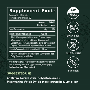Capsules de soutien immunitaire et de nettoyage du microbiome pour adultes, 60 unités, végétaliennes, à base de plantes, noix noires et armoise douce, soutien digestif, OEM - Product Image 2