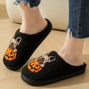 Pantuflas bordadas <span class=keywords><strong>de</strong></span> perro <span class=keywords><strong>de</strong></span> calabaza <span class=keywords><strong>de</strong></span> <span class=keywords><strong>Halloween</strong></span>, toboganes <span class=keywords><strong>de</strong></span> invierno <span class=keywords><strong>de</strong></span> piel sintética para otoño, hogar, comodidad interior - Product Image 5