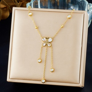 Korean Style Butterfly Rhinestone Pendant Tassel Chain Gold Plated Necklace For Party Daily Wear - Product Image 1