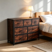 Commode moderne écologique en tissu non tissé avec cadre métallique et plateau en bois pour chambre, chambre d'enfant, salon, entrée et rangement