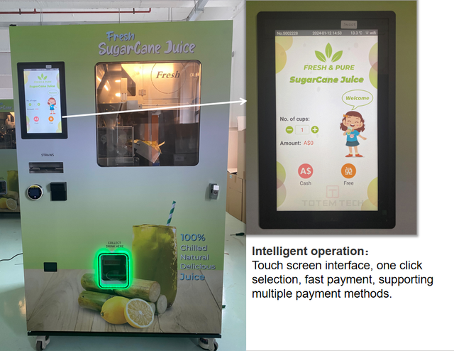 Fully Automatic Fruit Vending Machine Touch Screen 24/7 Operation Bill/Coin Payment for Juice Sugarcane Gas Stations Airports