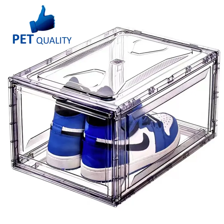 Organizer Bins Display Magnetic Drop Front Open Sneaker Shoe Storage Box Stackable Clear PET Shoes Box