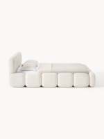 Lit de rangement carré haut de gamme en tissu de fourrure d'agneau crème, style tufté, moderne et minimaliste, taille King, best-seller tendance