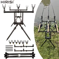 Hirisi Support de canne à pêche en aluminium réglable robuste avec 6 têtes de support, Buzz Bar, piques de berge et sac de transport RP162-3
