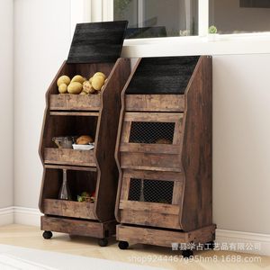 Chariot de rangement en bois à 3 niveaux, portable, avec roulettes, pour cuisine, légumes, pommes de terre, pain, style rustique - Product Image 1