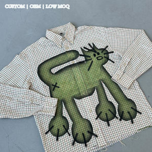 Camisa <span class=keywords><strong>de</strong></span> Franela Personalizada para Hombre, Diseño Gráfico <span class=keywords><strong>de</strong></span> Dibujos Animados con Aerógrafo, Estilo Vintage a Cuadros, con Botones, Ropa Urbana, Fabricación OEM, MOQ Bajo, Venta al Por Mayor - Product Image 3