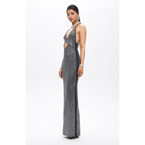 Abito lungo nero Vena con decorazioni in cristallo e cut-out - Product Image 2