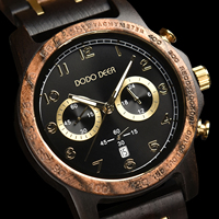 Montre-bracelet de luxe en bois noir étanche pour homme, en acier inoxydable doré, à quartz, faible MOQ, vente en gros