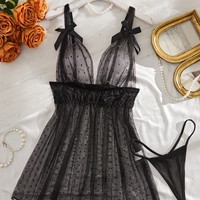 Robe de nuit sexy transfrontalière européenne et américaine en polyester noir à pois, avec empiècements en dentelle et maille, transparente, avec bretelles et string