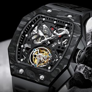 Montre de luxe pour homme en fibre de carbone avec tourbillon squelette, cristal saphir, réserve de marche de 48 heures, montre mécanique avec bracelet en caoutchouc - Product Image 3
