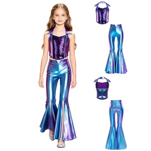 Conjunto Metálico de Dos Piezas para Niñas: Top Halter Corto y Pantalones Acampanados con Espalda Descubierta, Disfraz de Baile para Actuaciones y Fiestas, Personalizable - Product Image 2