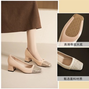 SQUARE TOE PUMPS <b>BLOCK</b> HEEL HIGH 5CM-8CM CHECKERED LEATHER LINING <b>RUBBER</b> OUTSOLE OFFICE SHOES FASHION TREND - Product Image 5