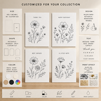 Cartes de vœux simples noires à motif floral botanique, impression personnalisée, dessin de fleurs sauvages, pour cadeau, insert de colis professionnel, carte de remerciement