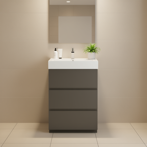 Meuble-lavabo de salle de bain moderne 24 pouces, finition grise, design autoportant, vasque en céramique, grand espace de rangement, lavabo blanc - Product Image 2